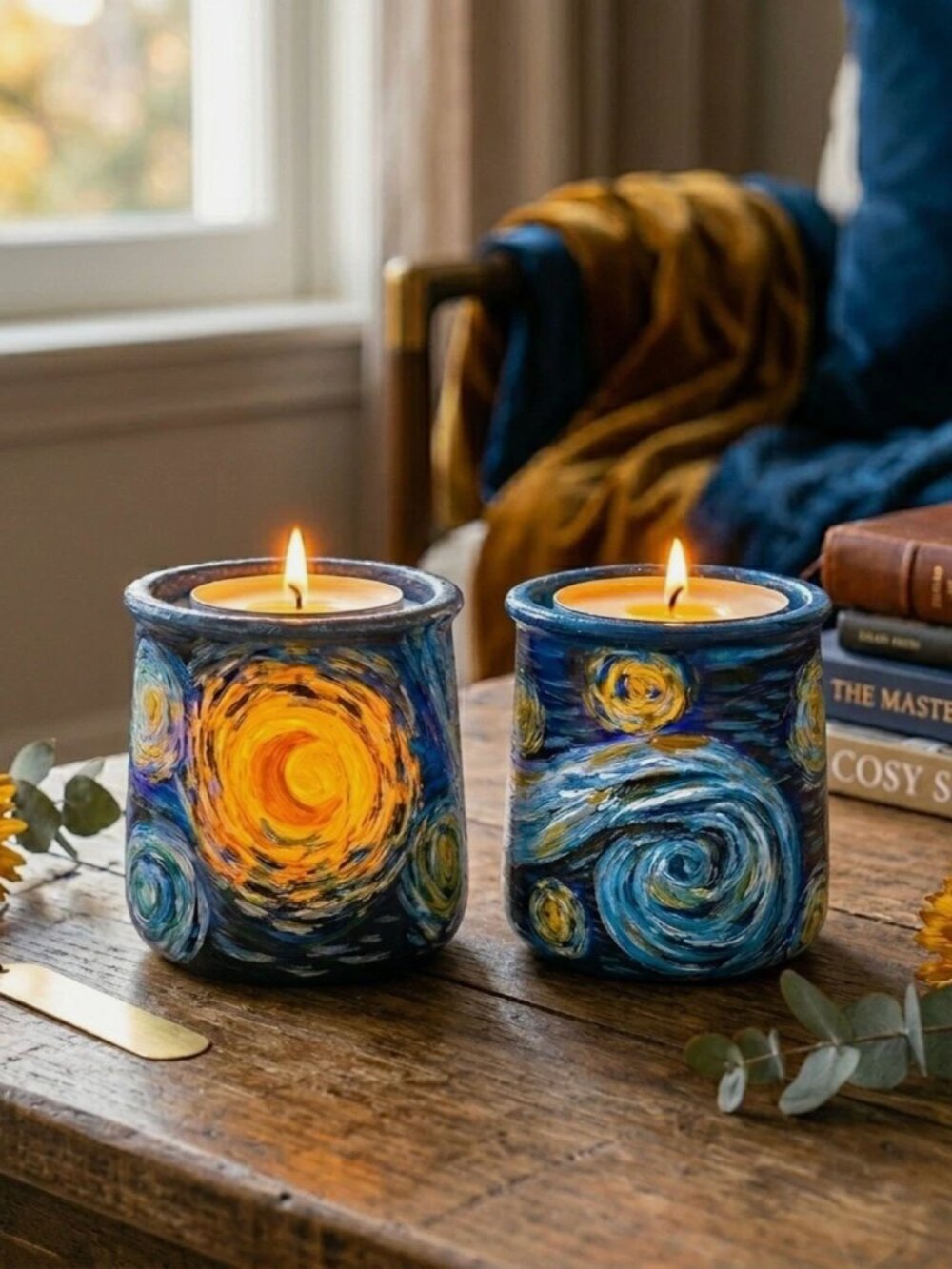 Hand-Painted "Starry Night" Tealight Holders - Set of 2 | Van Gogh Inspired Jars - Picture 2 of 16